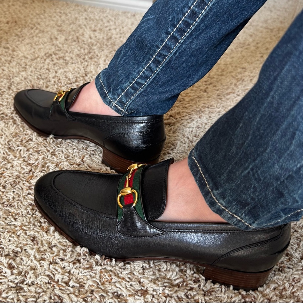 Gucci Princetown Leather Loafers Horsebit Mules Black Size 10